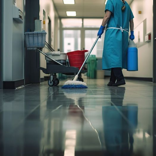 Empleado limpiando hospital